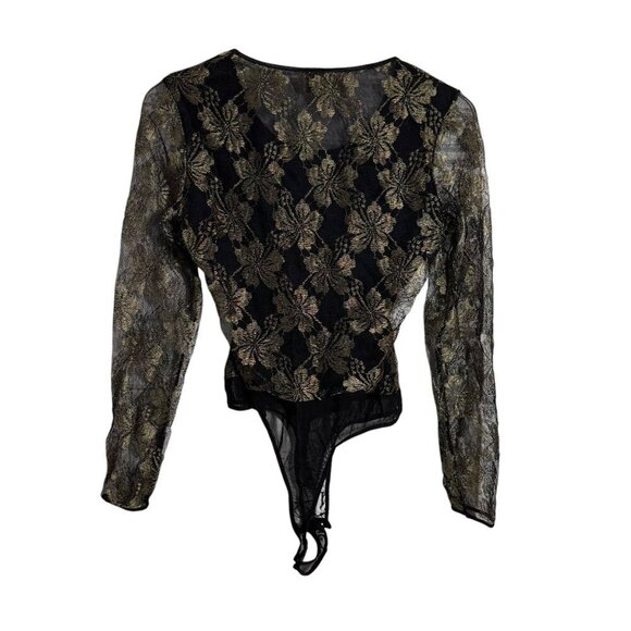 CACHE Size large bodysuit vintage 80's semi sheer black gold long sleeve top - Picture 4 of 6